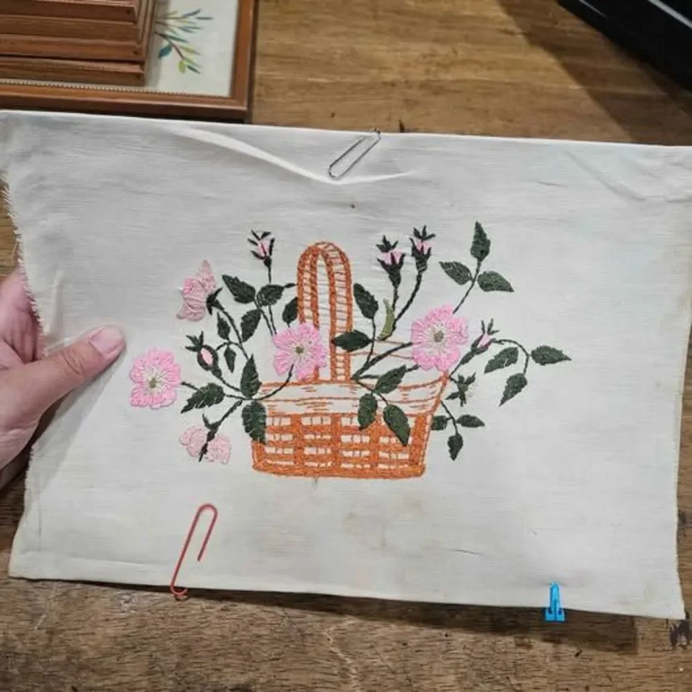 Handmade Embroidered Floral Basket Fabric